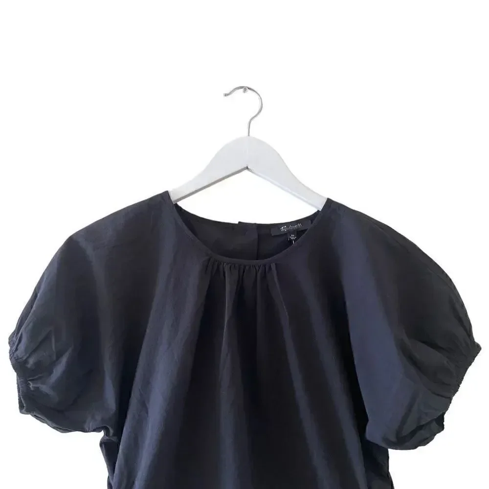 Madewell Embroidered Black Keyhole Closure Poplin Puff-Sleeve Y2K Sz XS  #1657